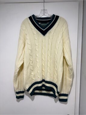 Campus Vintage Oversized Cable Knit V Neck Sweater Cream Green Women Size M